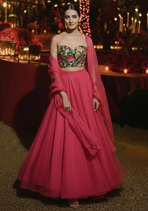 Rose Pink Crepe Lehenga Set With Floral Embroidery Blouse