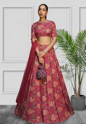 Wine Red Printed Silk Lehenga Set