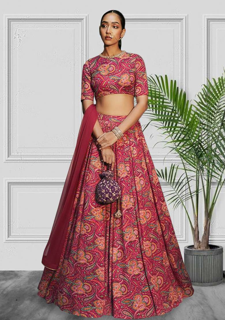 Wine Red Printed Silk Blend Lehenga Set - Indya