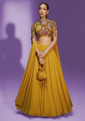Yellow Printed Crepe Lehenga Set