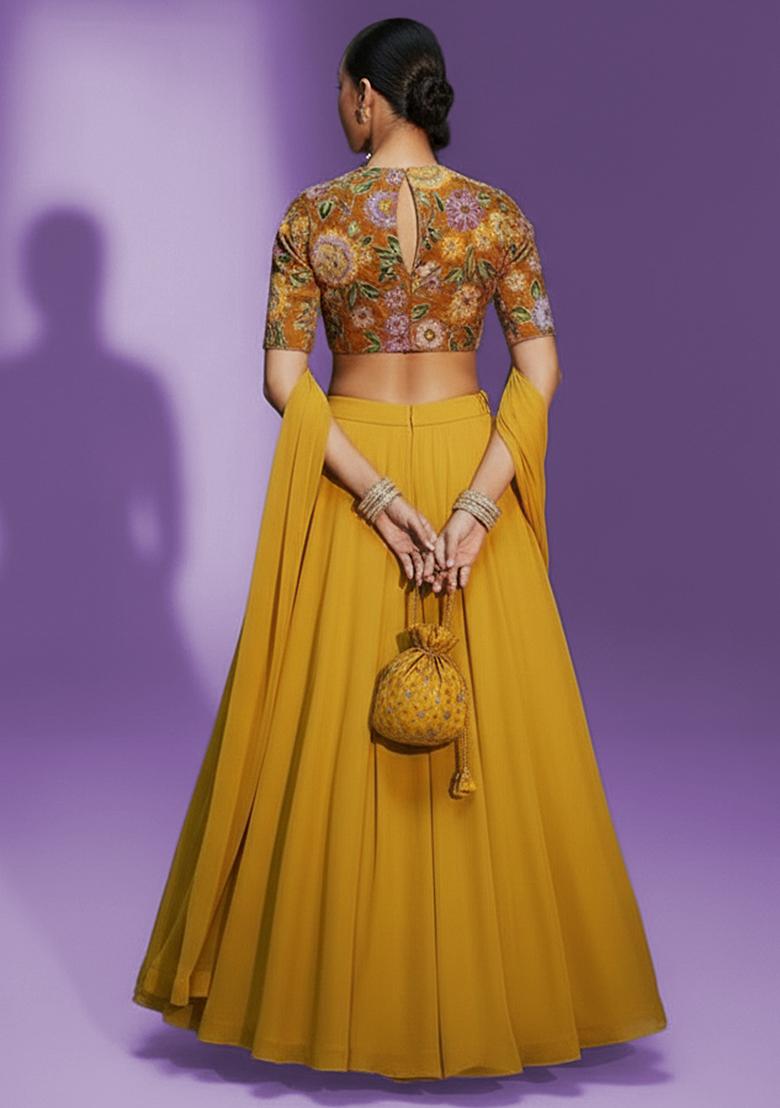 Yellow Printed Crepe Lehenga Set - Indya