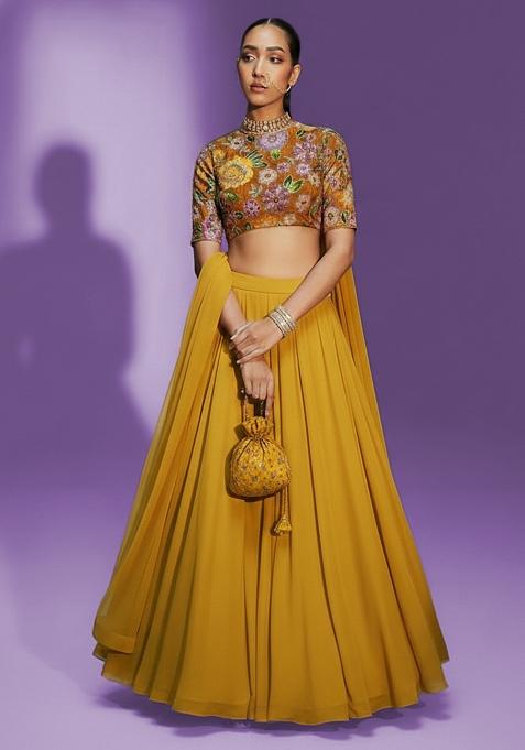 Yellow Printed Crepe Lehenga Set