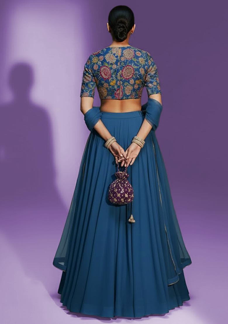 Blue Crepe Lehenga Set With Floral Embroidery Blouse - Indya