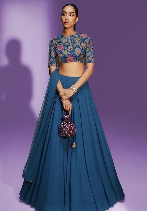 Blue Crepe Lehenga Set With Floral Embroidery Blouse