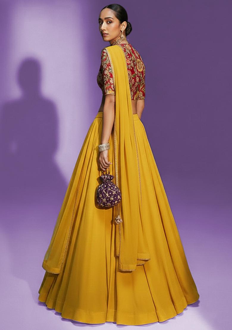 Yellow Solid Crepe Lehenga Set - Indya