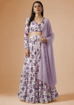 Lavender Purple Printed Crepe Lehenga Set