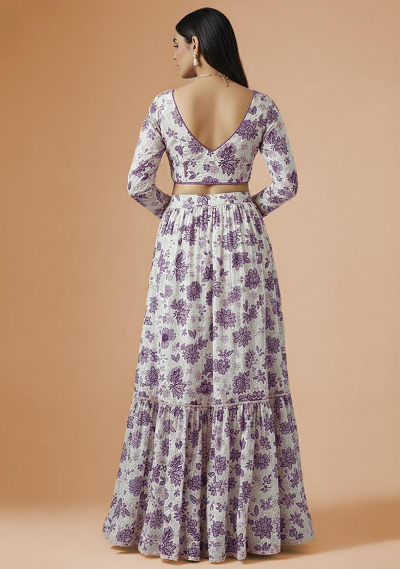 Lavender Purple Printed Crepe Lehenga Set - Indya