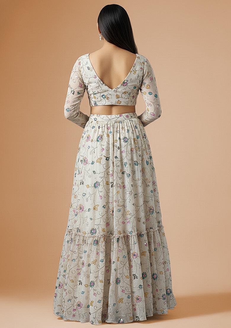 Cream Printed Simmer Tissue Lehenga Set - Indya