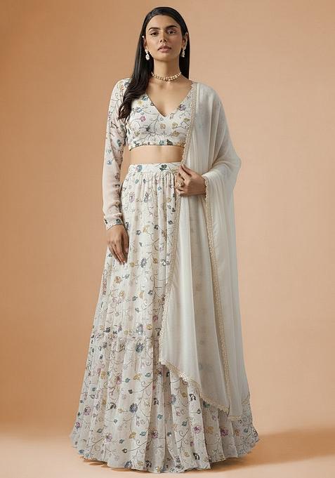 Cream Printed Simmer Tissue Lehenga Set