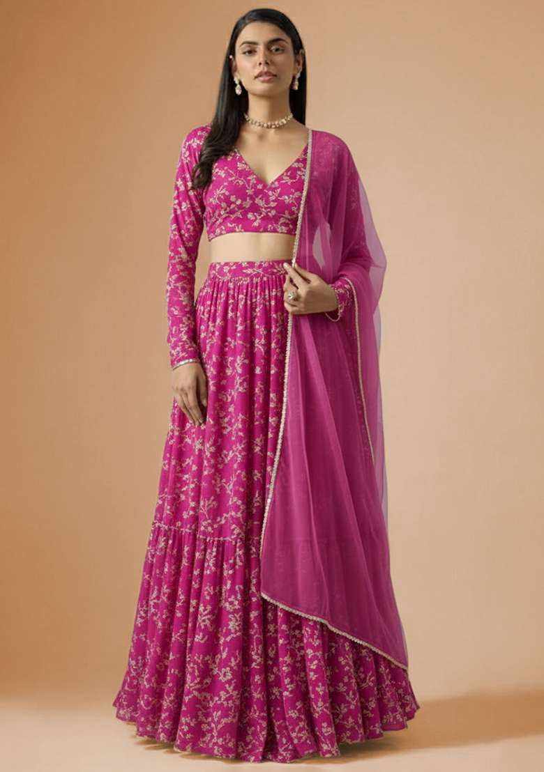 Pink Printed Crepe Lehenga Set - Indya