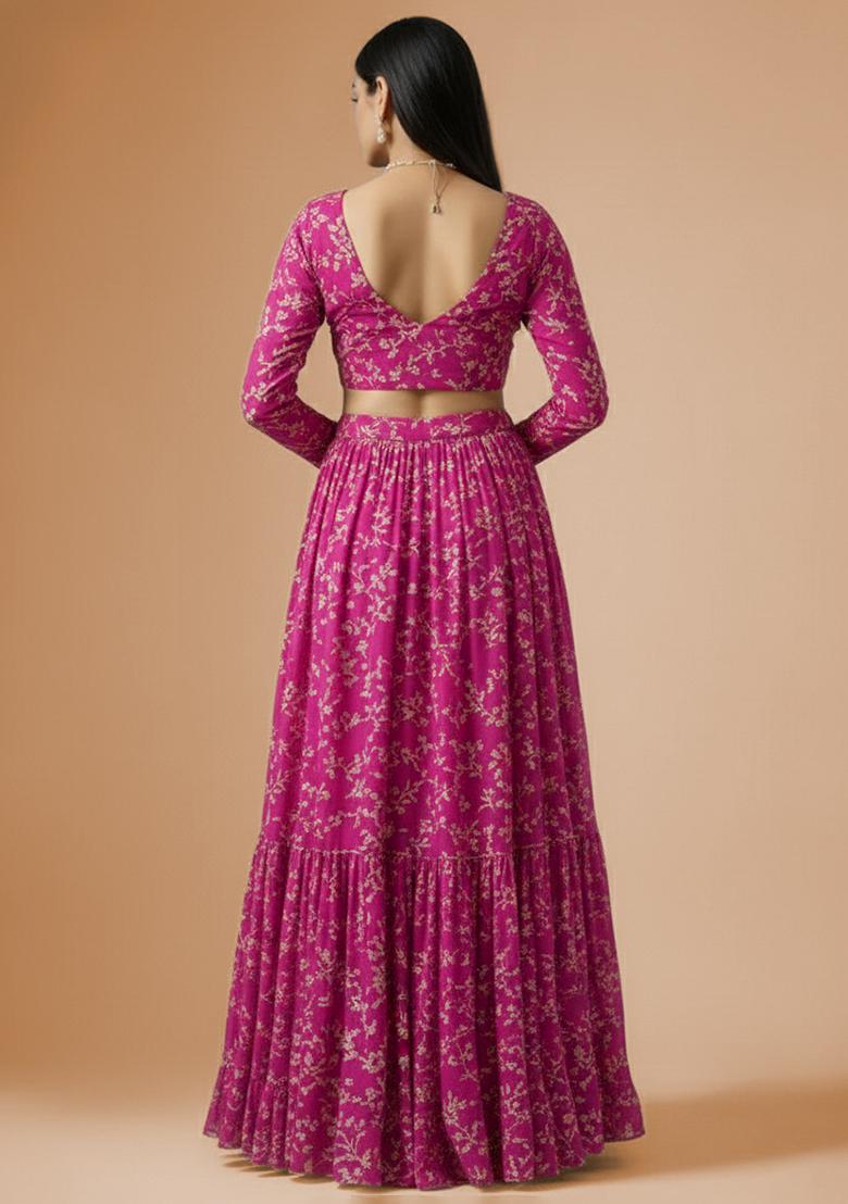 Pink Printed Crepe Lehenga Set - Indya
