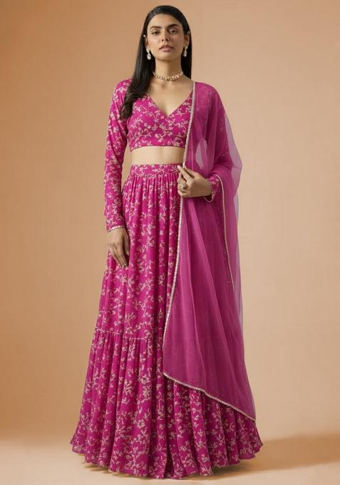 Pink Printed Crepe Lehenga Set