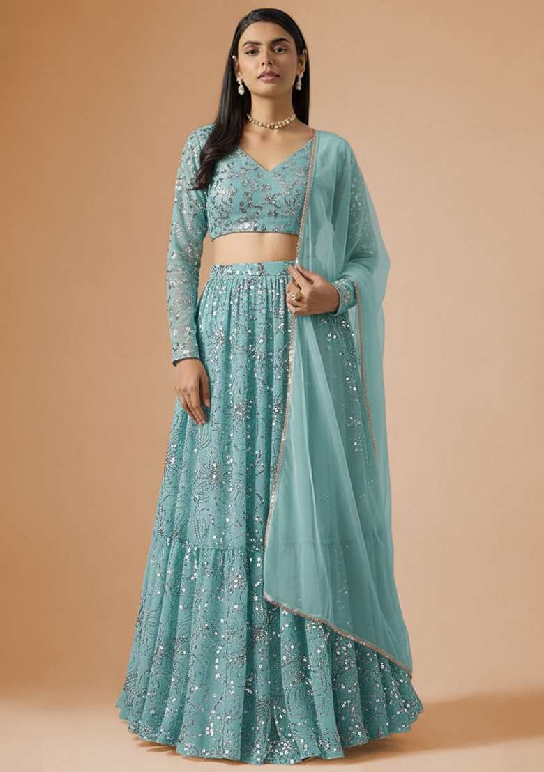 Blue Sequin Embroidery Chinon Lehenga Set - Indya