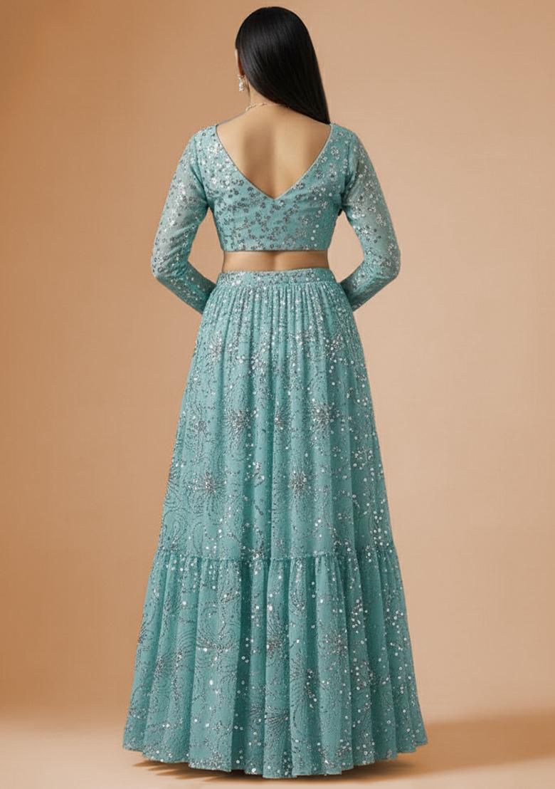 Blue Sequin Embroidery Chinon Lehenga Set - Indya