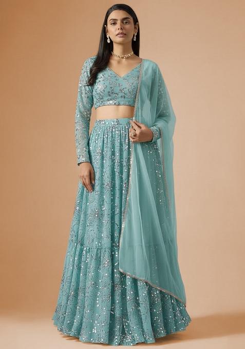Blue Sequin Embroidery Chinon Lehenga Set