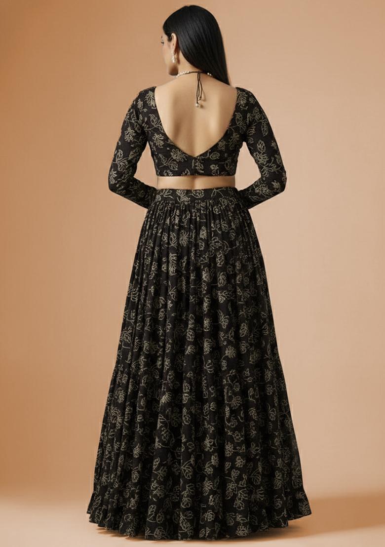 Black Printed Net Lehenga Set - Indya