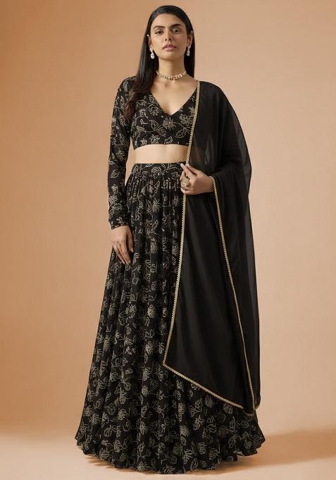 Black Printed Net Lehenga Set