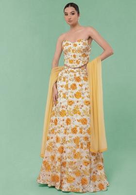 Yellow Printed Crepe Lehenga Set
