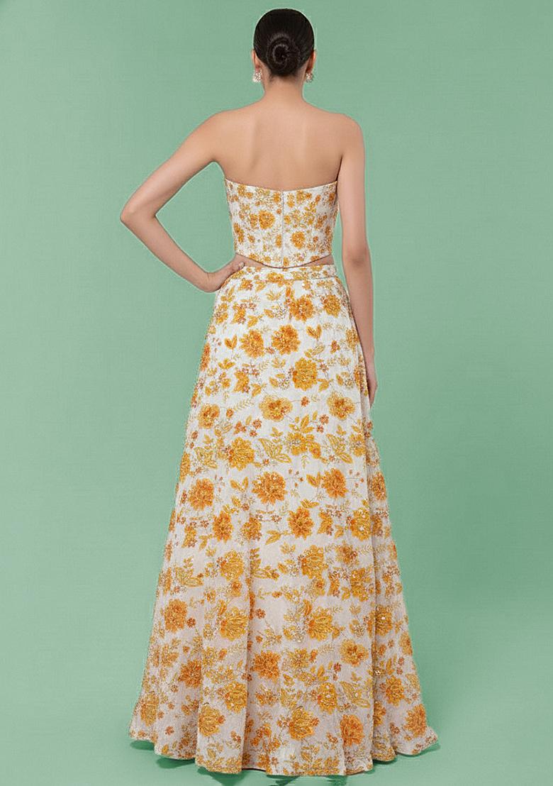 Yellow Printed Crepe Lehenga Set - Indya