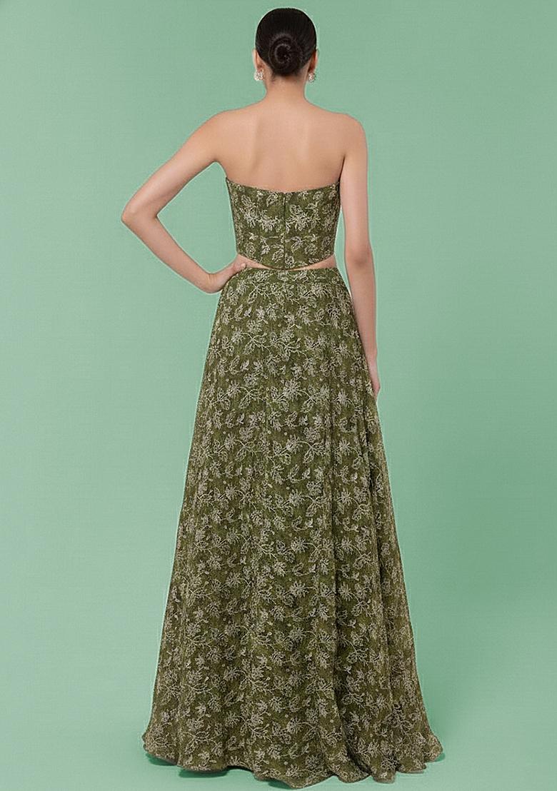 Green Embroidery Net Lehenga Set - Indya