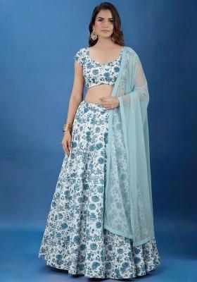 Sky Blue Printed Crepe Lehenga Set