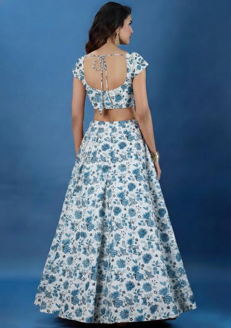 Sky Blue Printed Crepe Lehenga Set - Indya