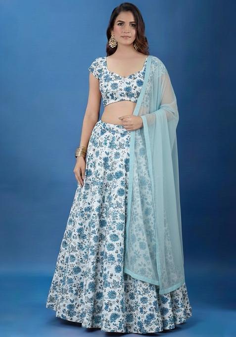 Sky Blue Printed Crepe Lehenga Set