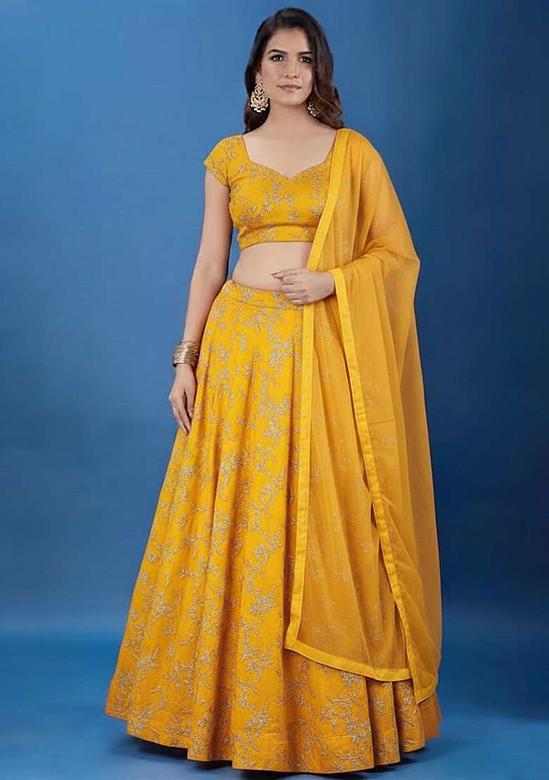 Yellow Embroidery Crepe Lehenga Set - Indya