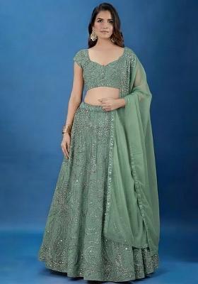 Sage Green Embroidery Chinon Lehenga Set