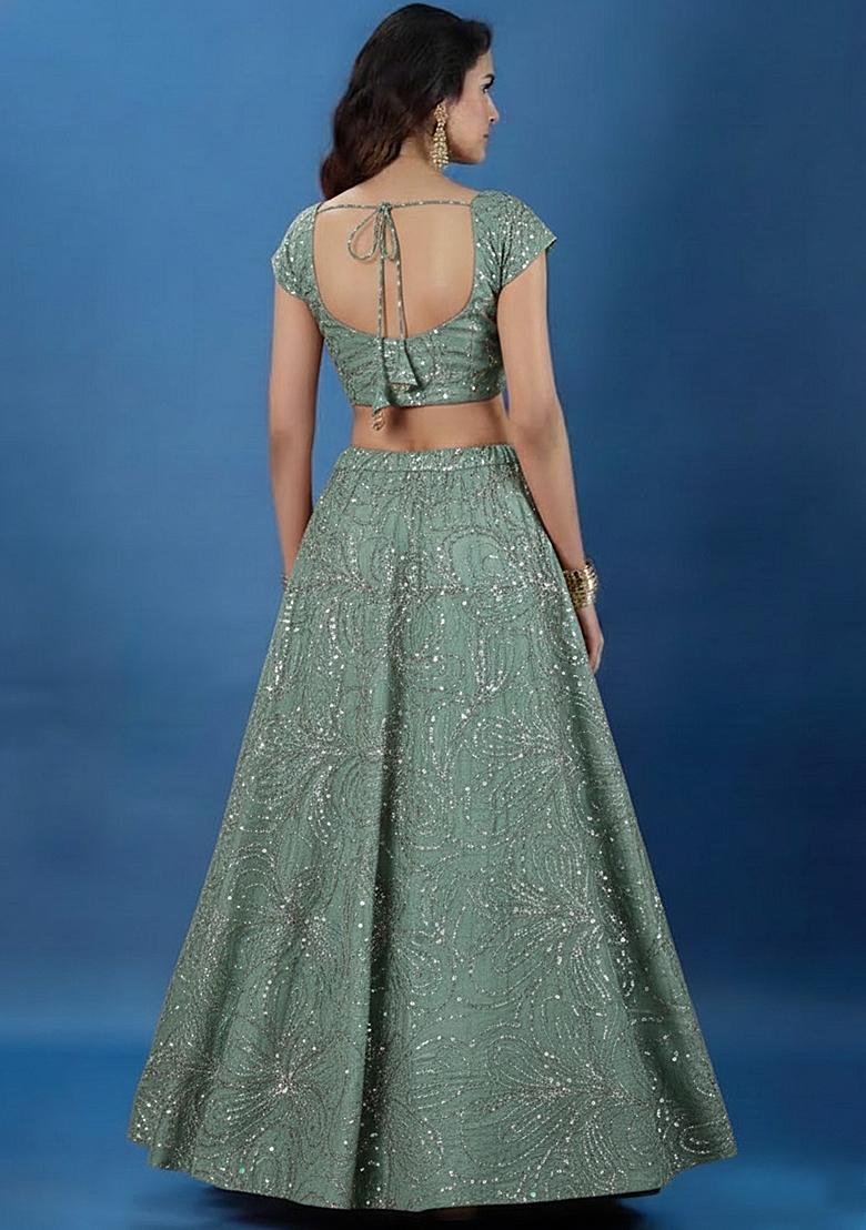 Sage Green Embroidery Chinon Lehenga Set - Indya