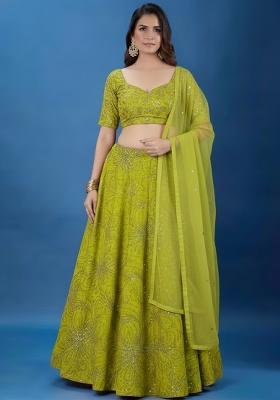 Green Embroidery Chinon Lehenga Set