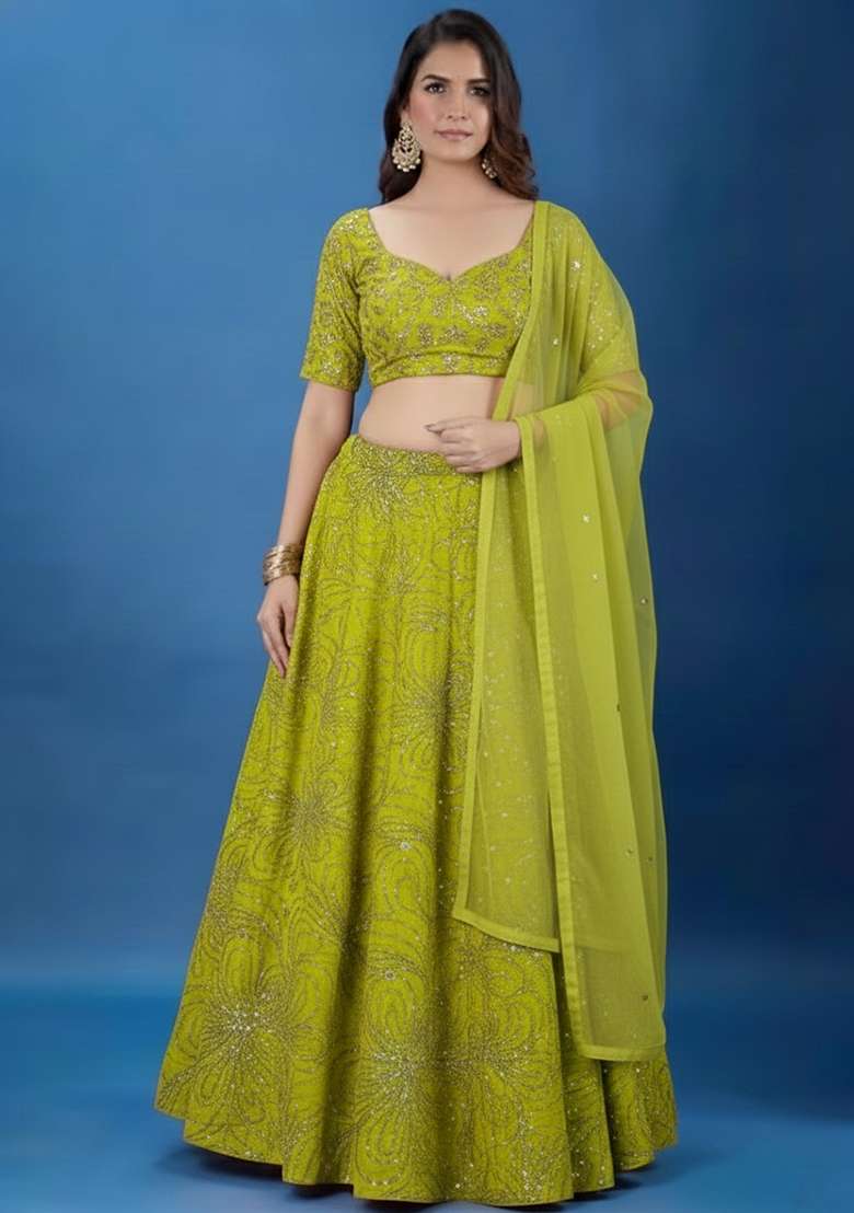 Green Embroidery Chinon Lehenga Set - Indya