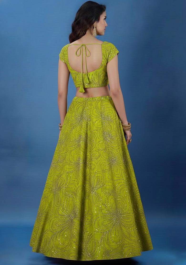 Green Embroidery Chinon Lehenga Set - Indya