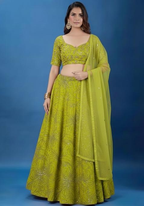 Green Embroidery Chinon Lehenga Set