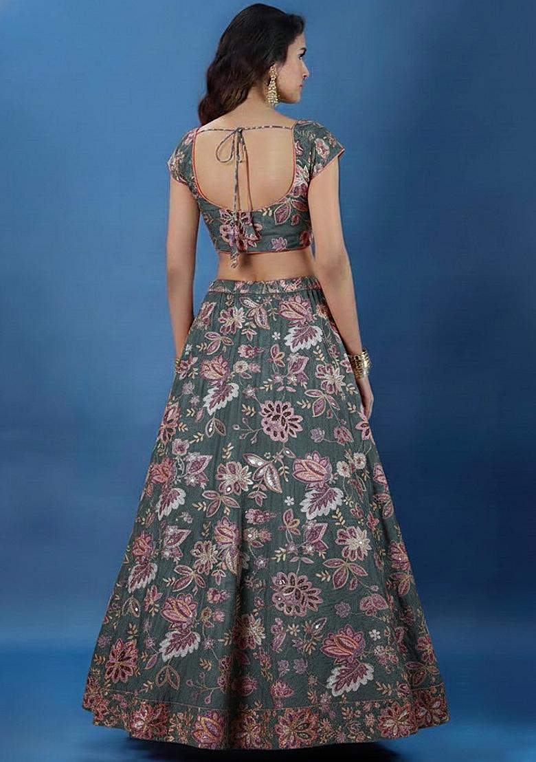 Muted Green Printed Crepe Lehenga Set - Indya