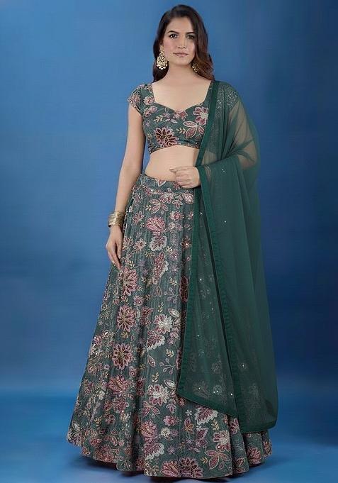 Muted Green Printed Crepe Lehenga Set