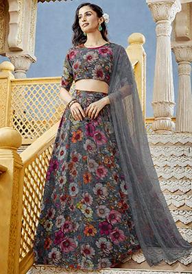 Grey Printed Crepe Lehenga Set
