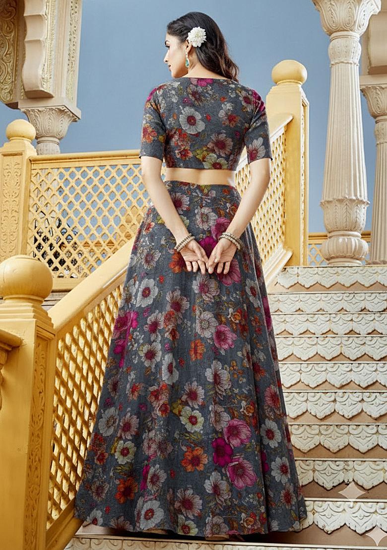 Grey Printed Crepe Lehenga Set - Indya