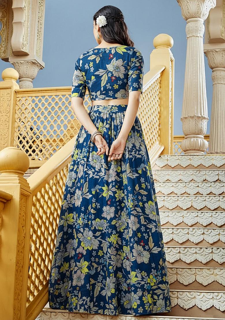 Blue Printed Crepe Lehenga Set - Indya