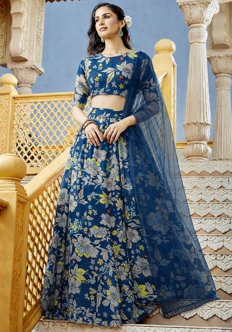 Blue Printed Crepe Lehenga Set