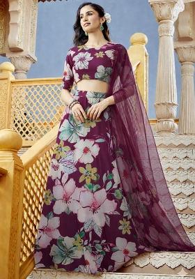 Pink Printed Crepe Lehenga Set
