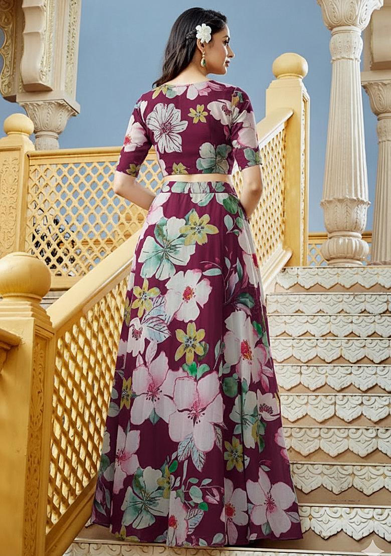 Pink Printed Crepe Lehenga Set - Indya