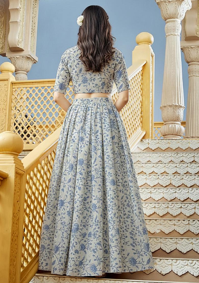 Cream Printed Crepe Lehenga Set - Indya