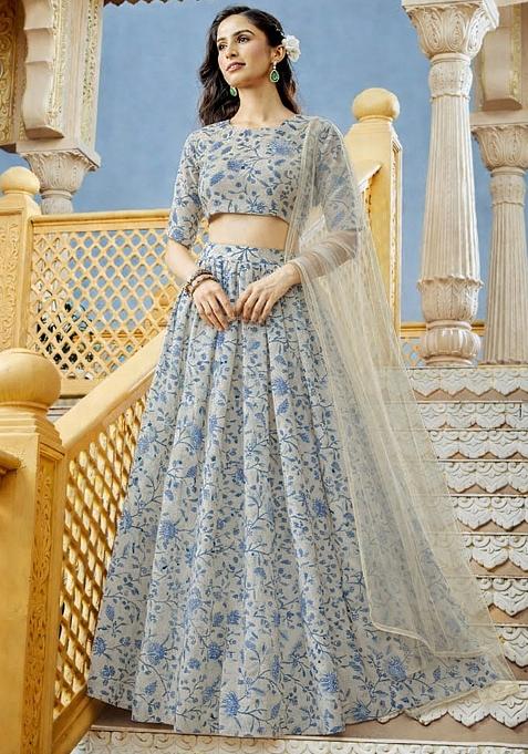 Cream Printed Crepe Lehenga Set