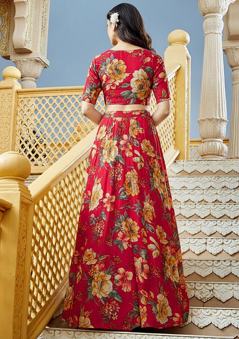 Red Printed Crepe Lehenga Set - Indya