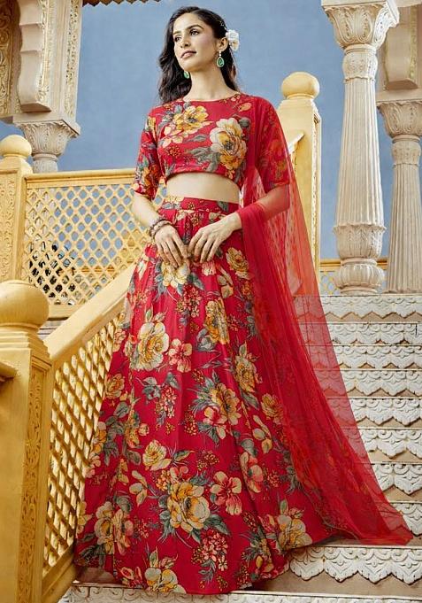 Red Printed Crepe Lehenga Set