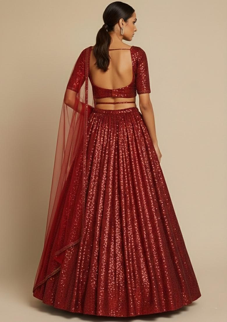 Navy Blue Sequin Net Lehenga Set - Indya