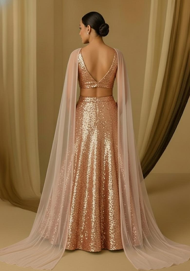 Rose Gold Sequin Net Lehenga Set - Indya