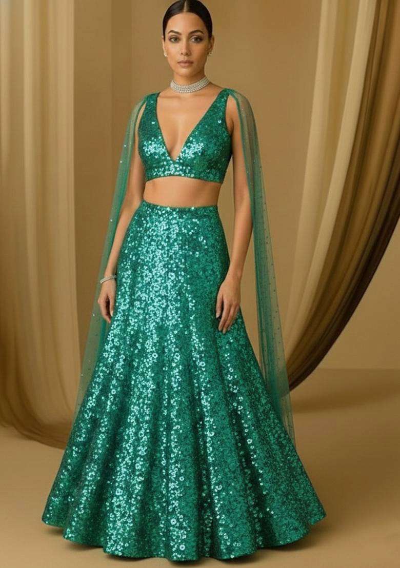 Blue Sequin Net Lehenga Set for Diwali and Festive Wear - Indya