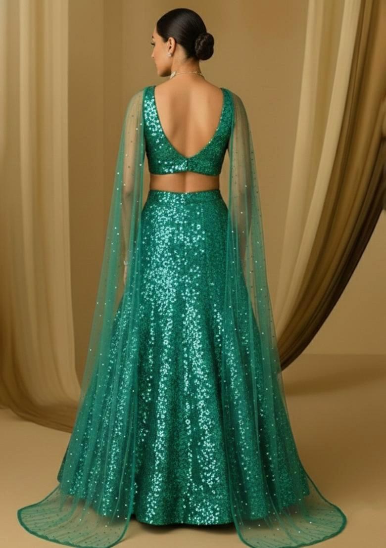 Blue Sequin Net Lehenga Set - Indya